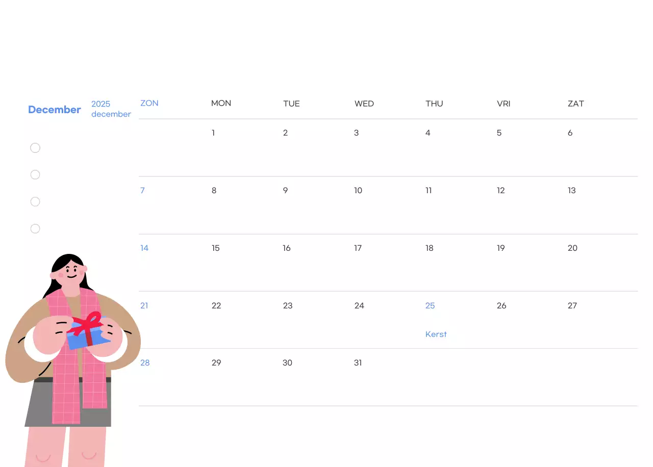 Motiverende kalender met energieke illustraties en positieve citaten op een lichtblauwe achtergrond