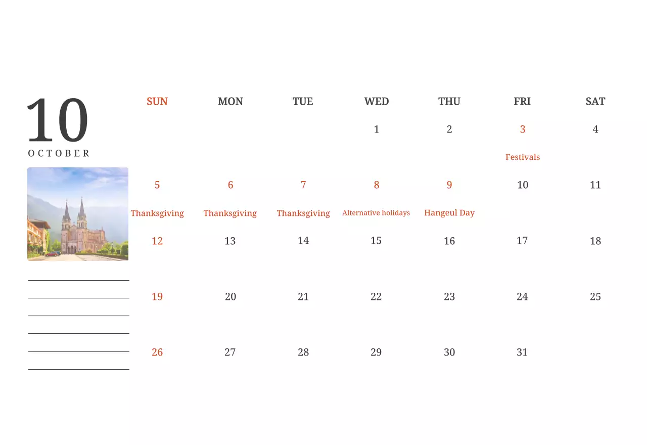Kalender konsep fotografis yang menampilkan gereja dalam lukisan lanskap