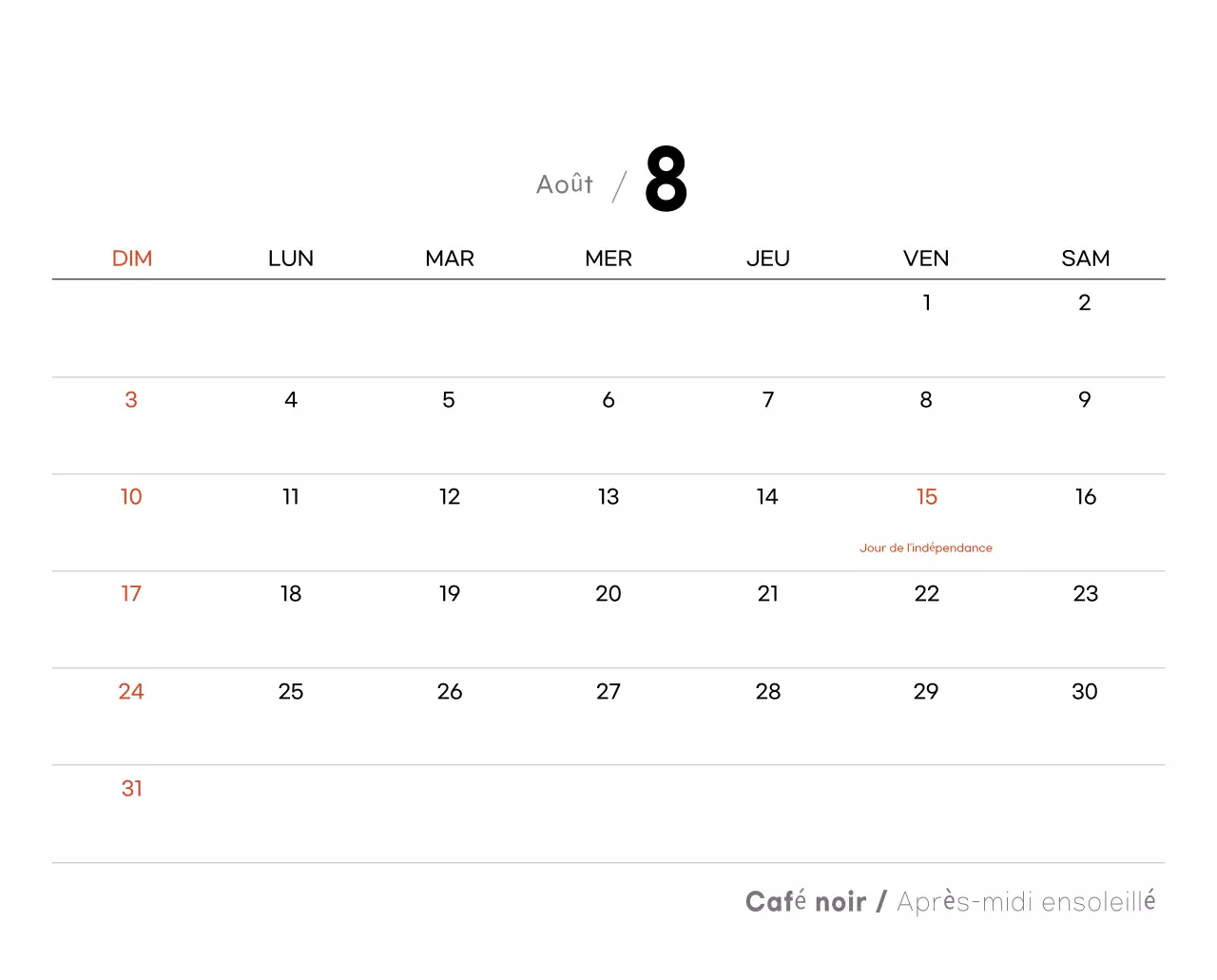 Calendrier minimaliste gris pour le café