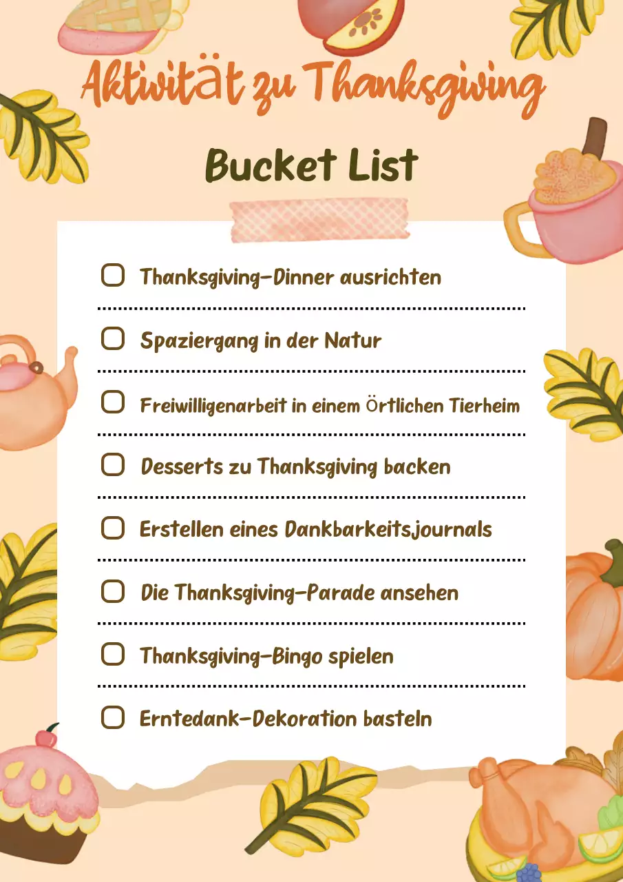 Orange Traditionelle Bucket List Checkliste für Thanksgiving