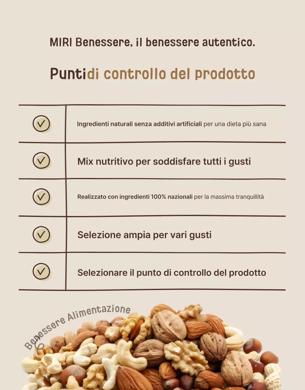Promuovere un'esposizione di snack sani di colore beige e marrone