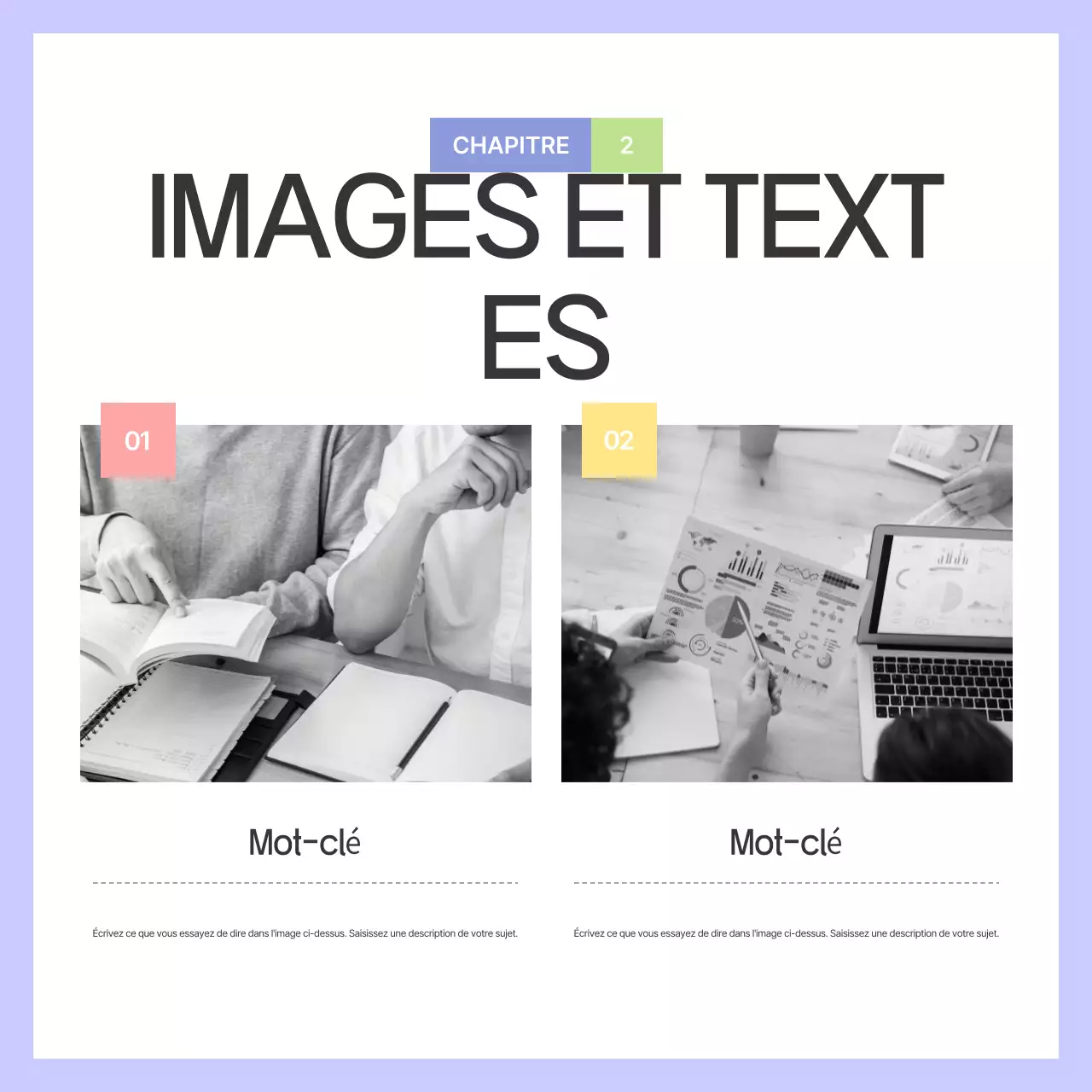 Un guide avec des formes simples en violet et en gris