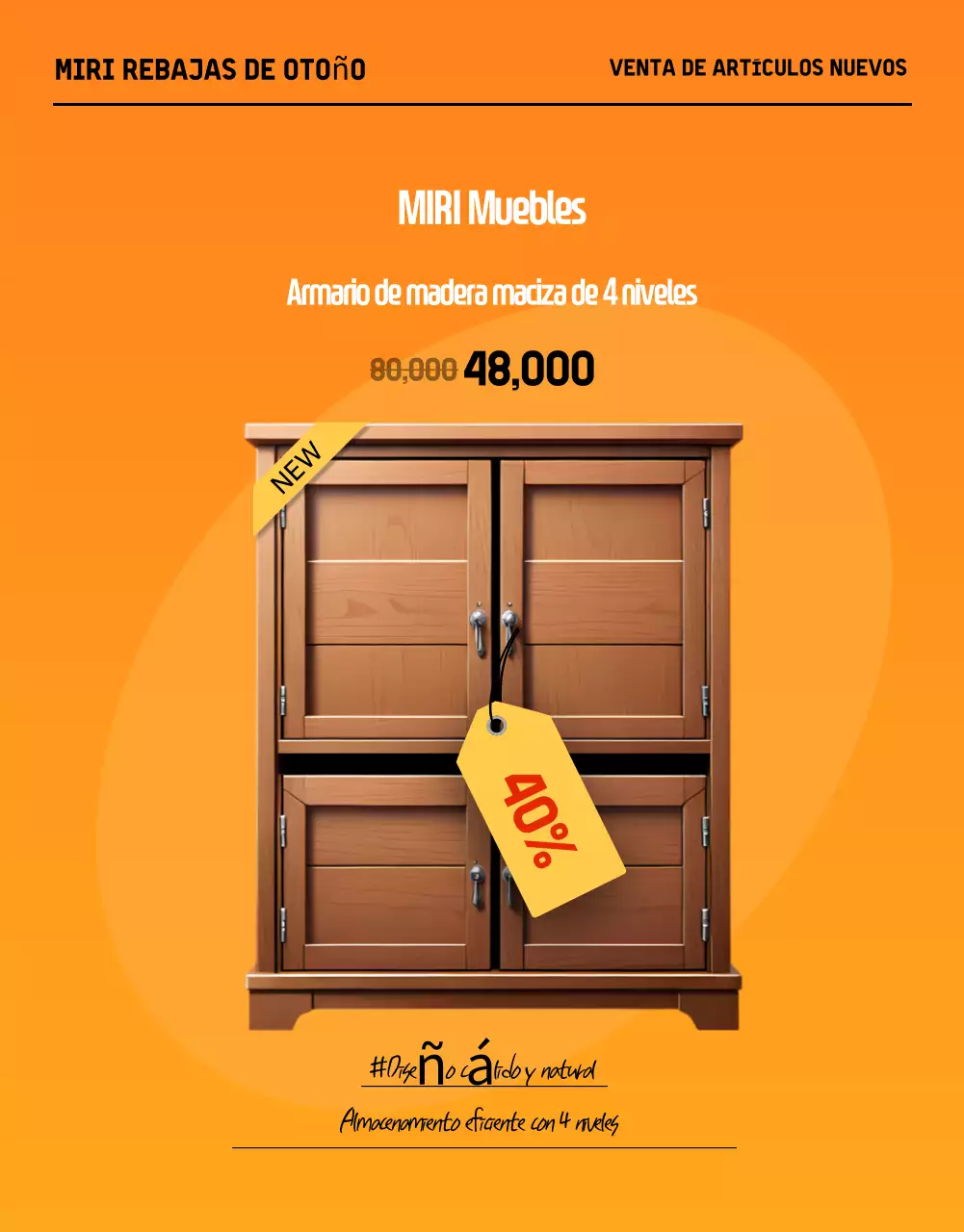 Promociona una venta de muebles modernos de otoño en negro y naranja