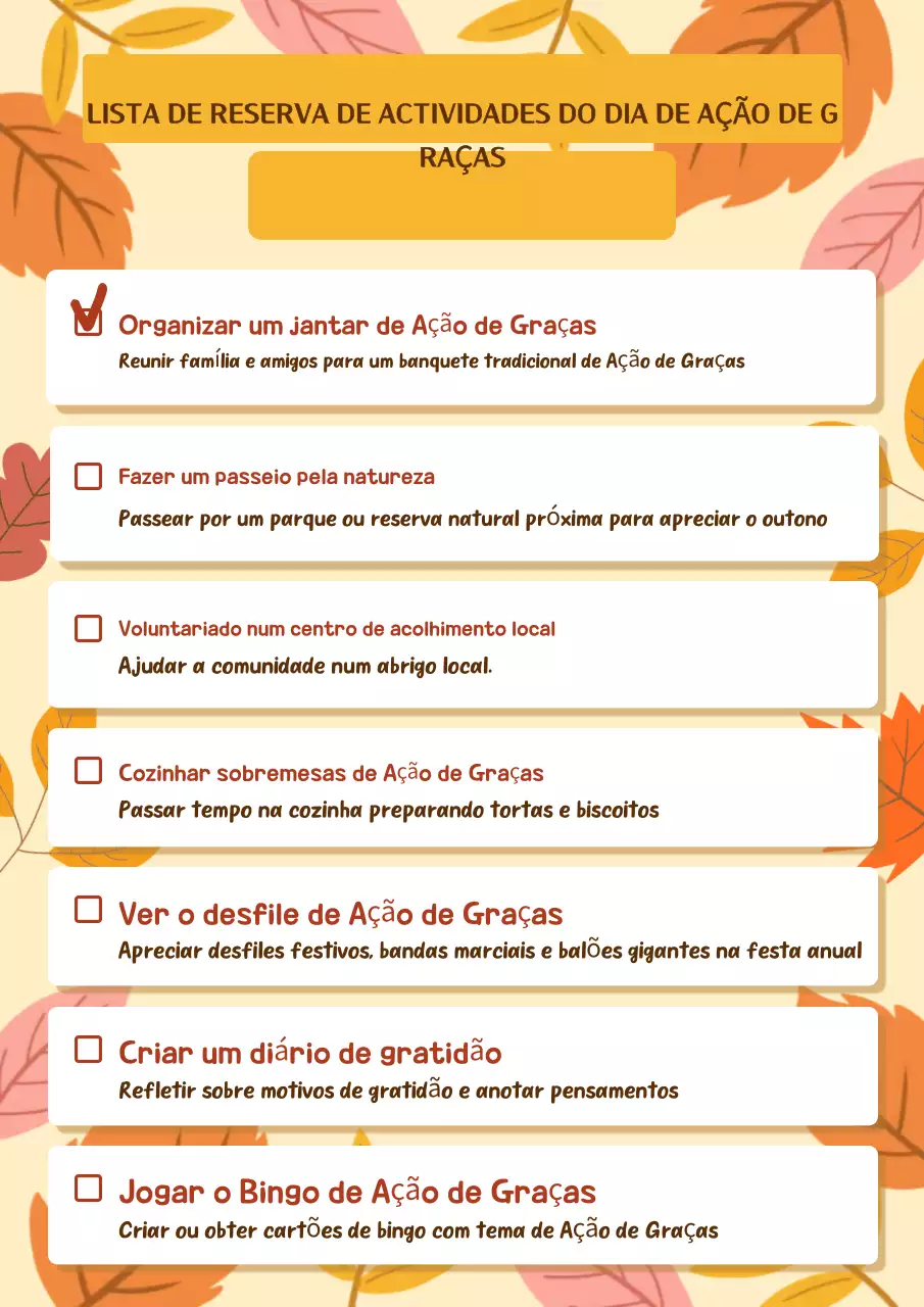 Lista de actividades do Dia de Ação de Graças