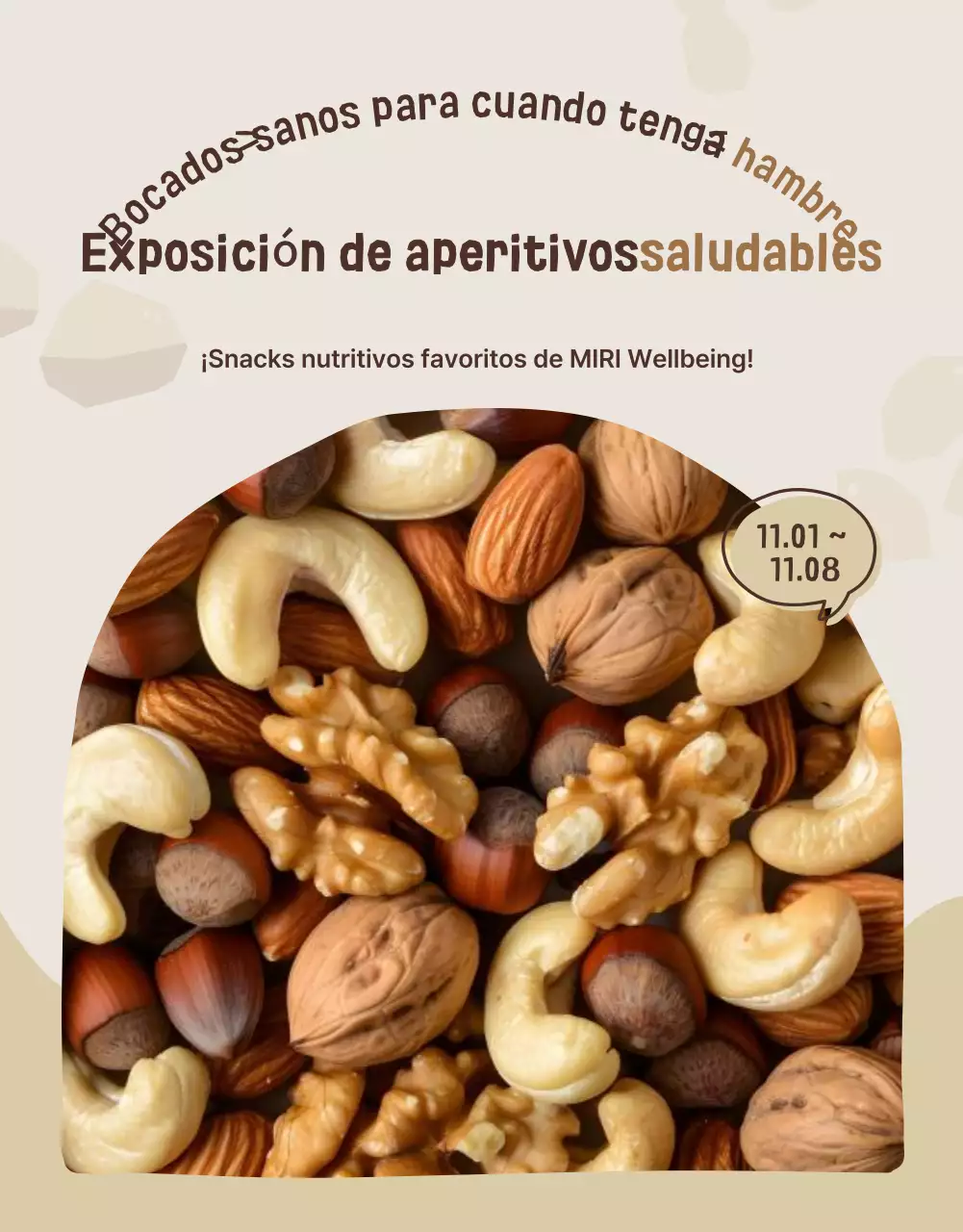 Promover una exposición de aperitivos saludables de color beige y marrón