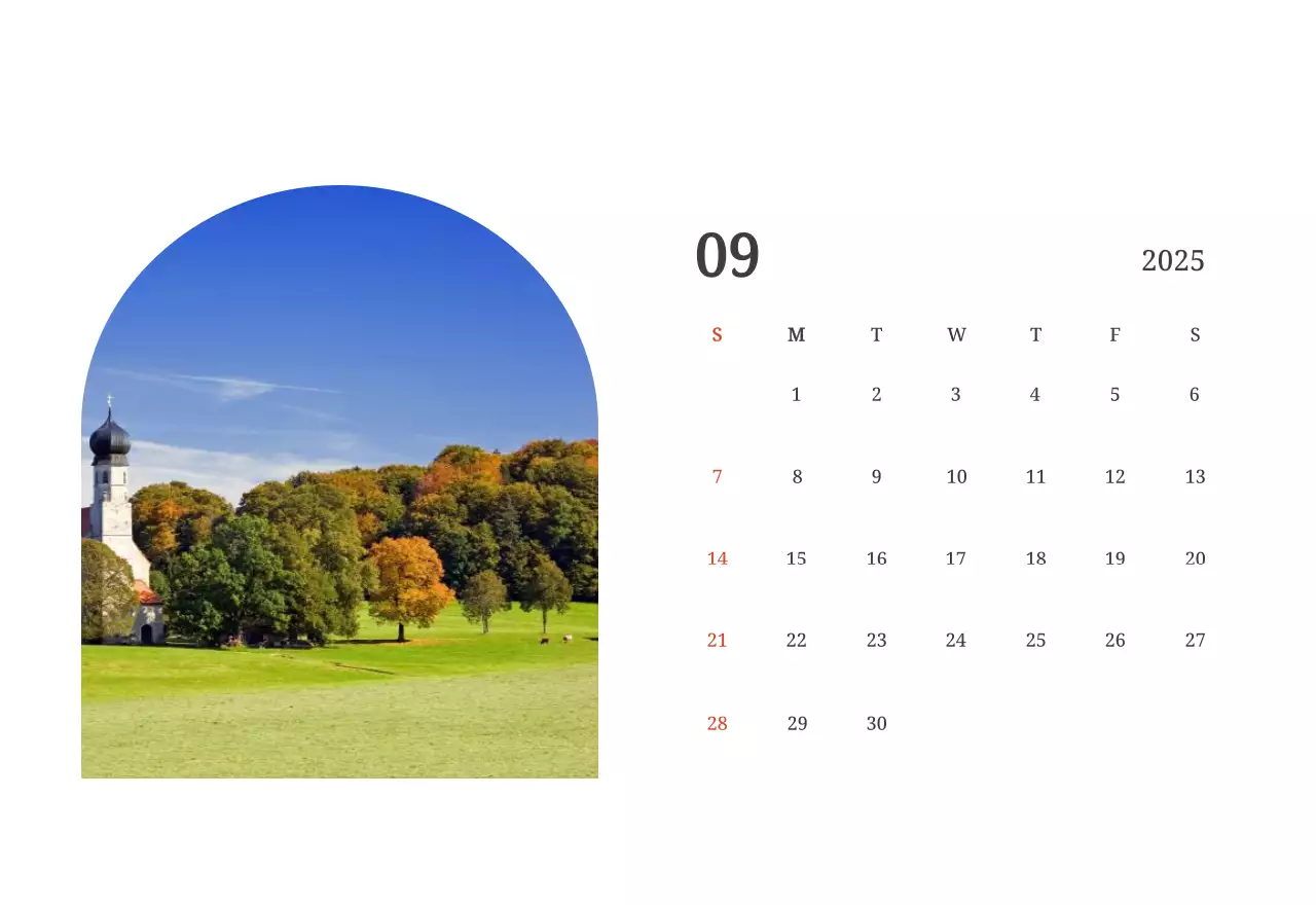 Un calendario fotografico con chiese in dipinti di paesaggio