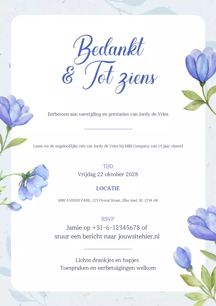Lichtblauwe afscheidsuitnodiging met bloemen