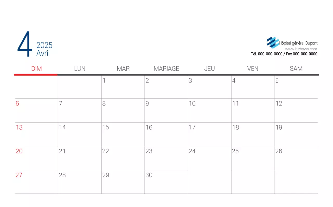 Calendrier promotionnel d'hôpital simple blanc marine
