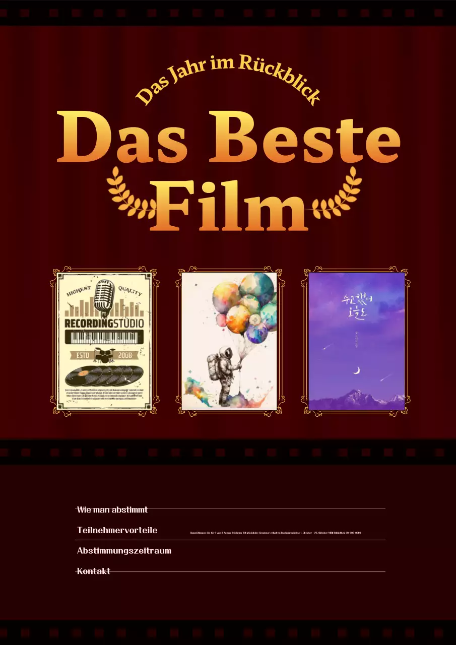 Werbung für den besten Film des Jahres in klassischem Burgunderrot und Orange