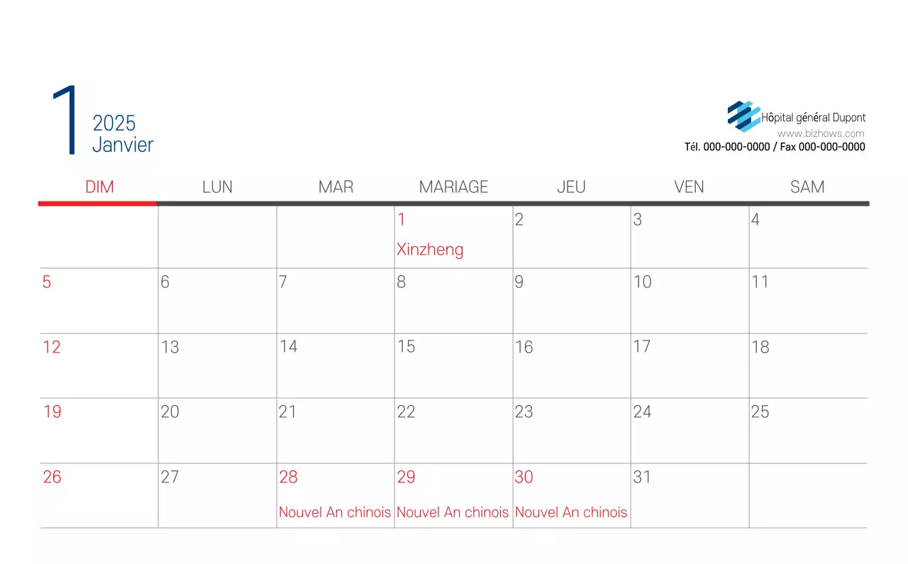 Calendrier promotionnel d'hôpital simple blanc marine