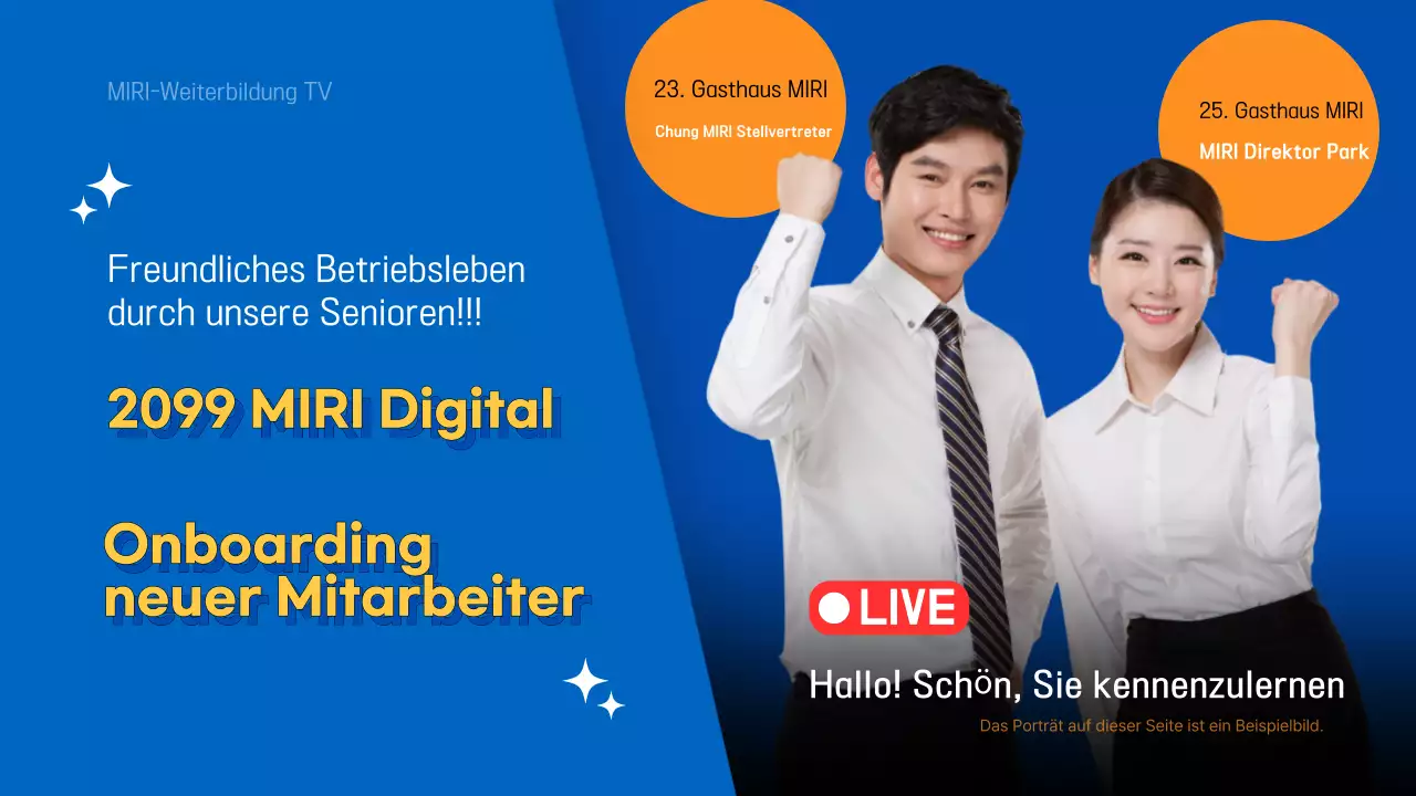 Moderne blaue und orangefarbene Einführungsmaterialien für neue Mitarbeiter