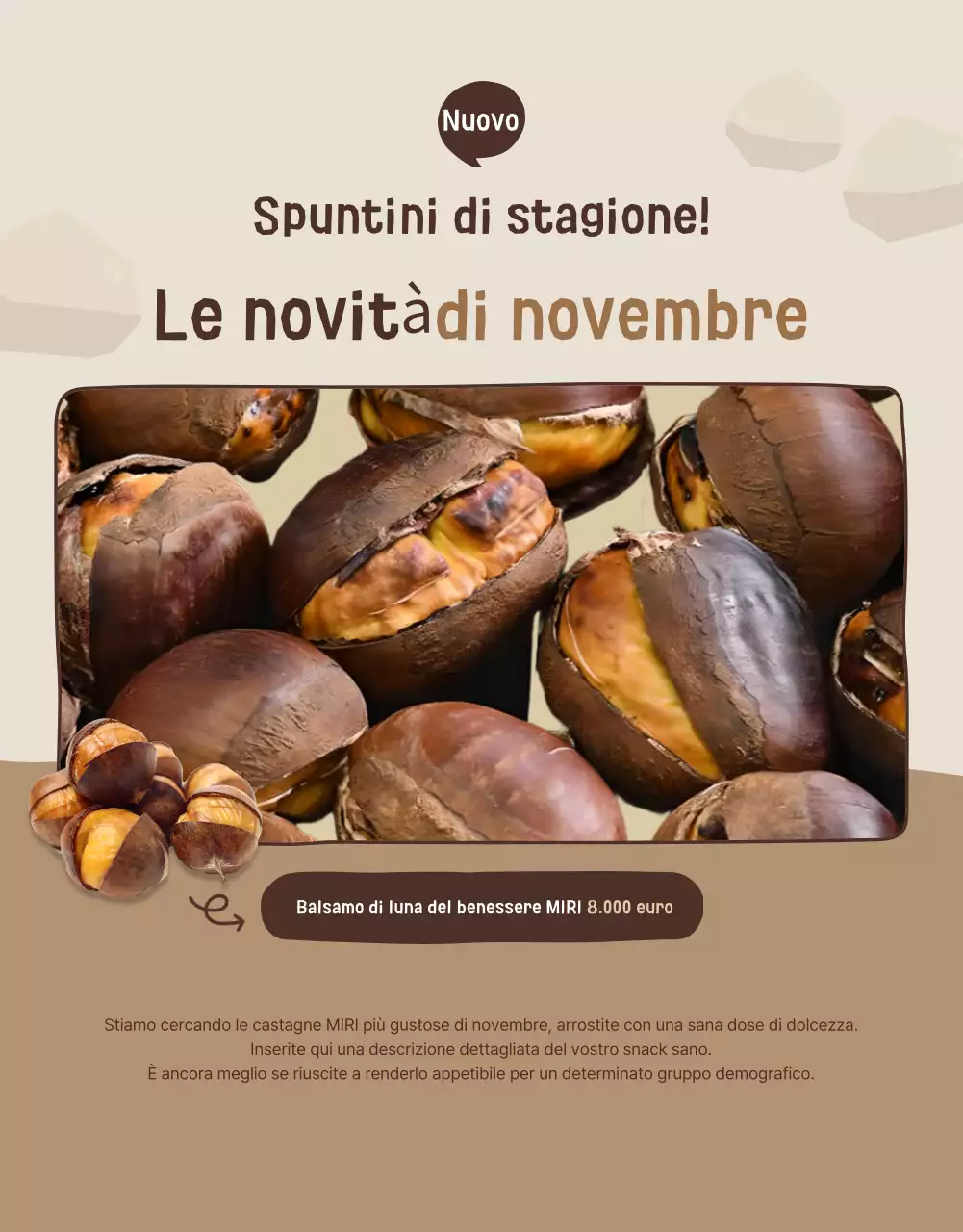 Promuovere un'esposizione di snack sani di colore beige e marrone
