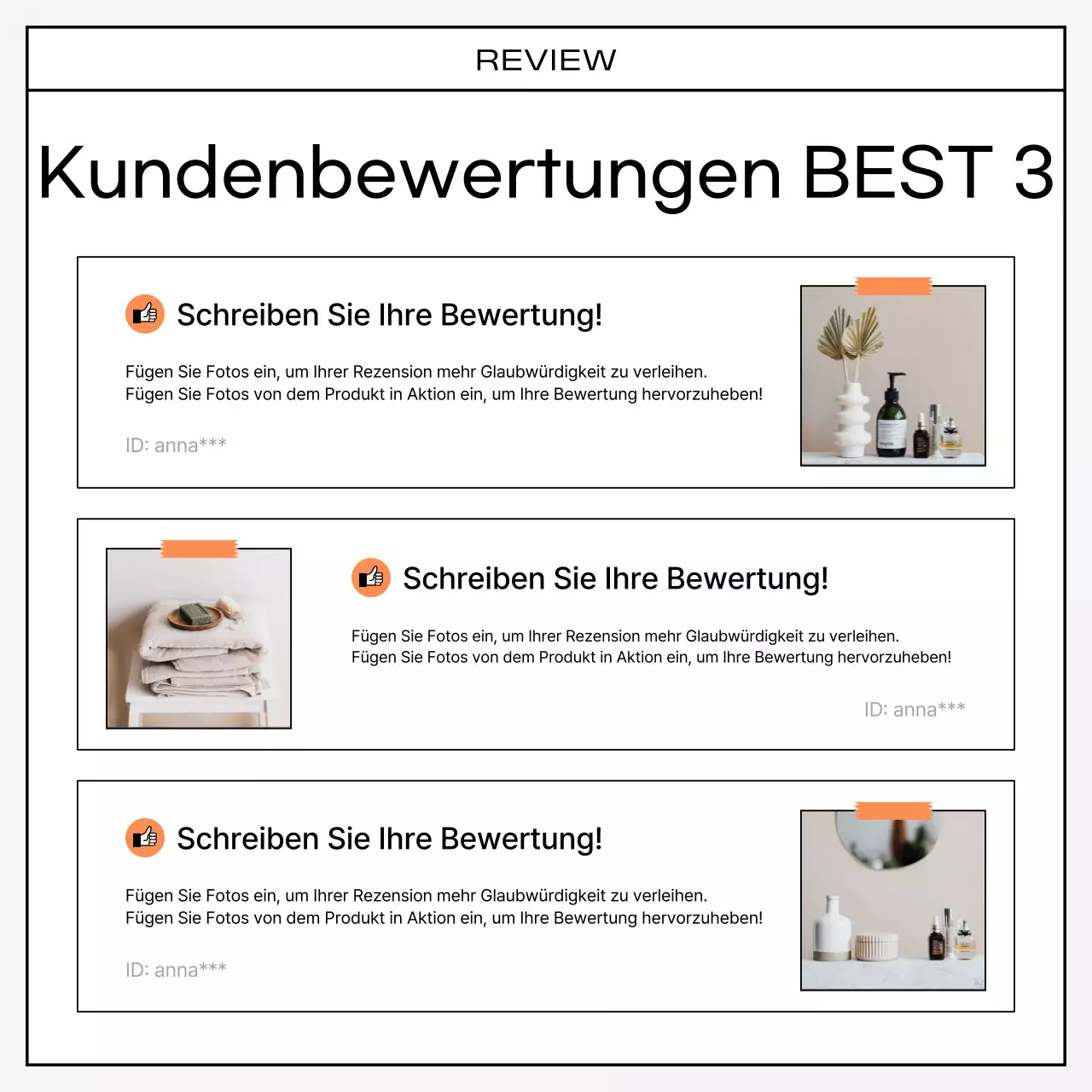 Eine kitschige Sammlung von orange-schwarzen Rezensionen