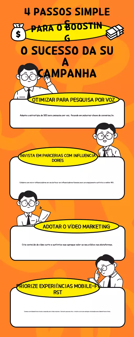 Infográfico com dicas para impulsionar campanhas em laranja e branco