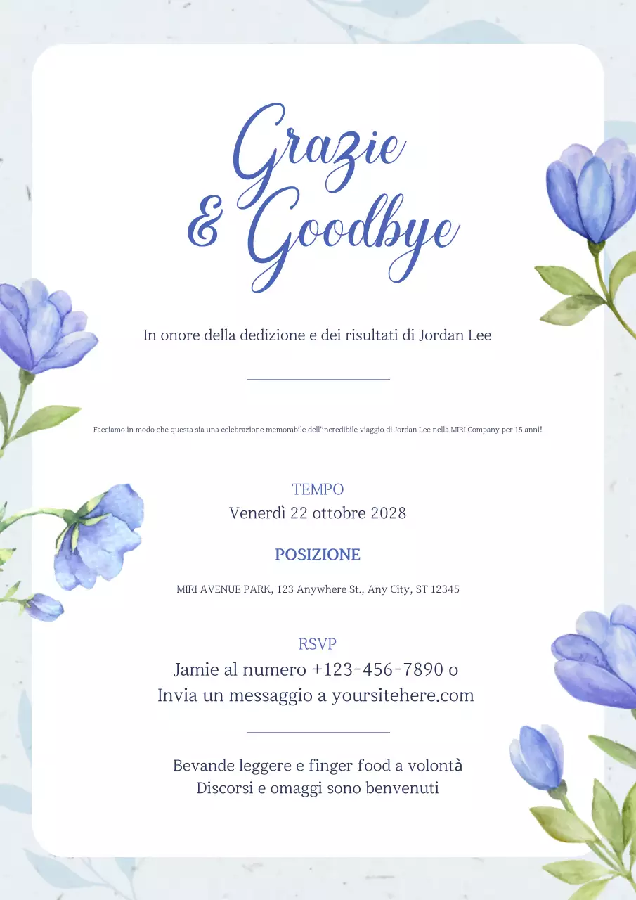 Invito a una festa d'addio floreale di colore azzurro