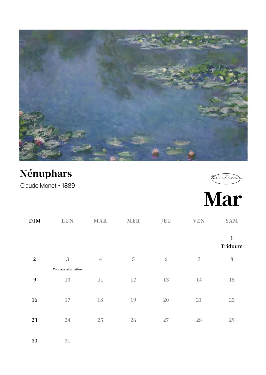 Calendrier de l'art classique