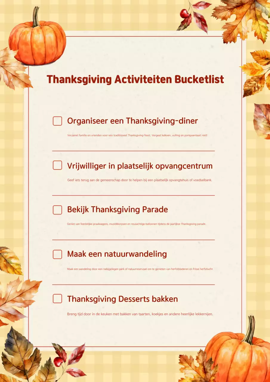 oranje rustieke thanksgiving activiteit vakantie checklist poster