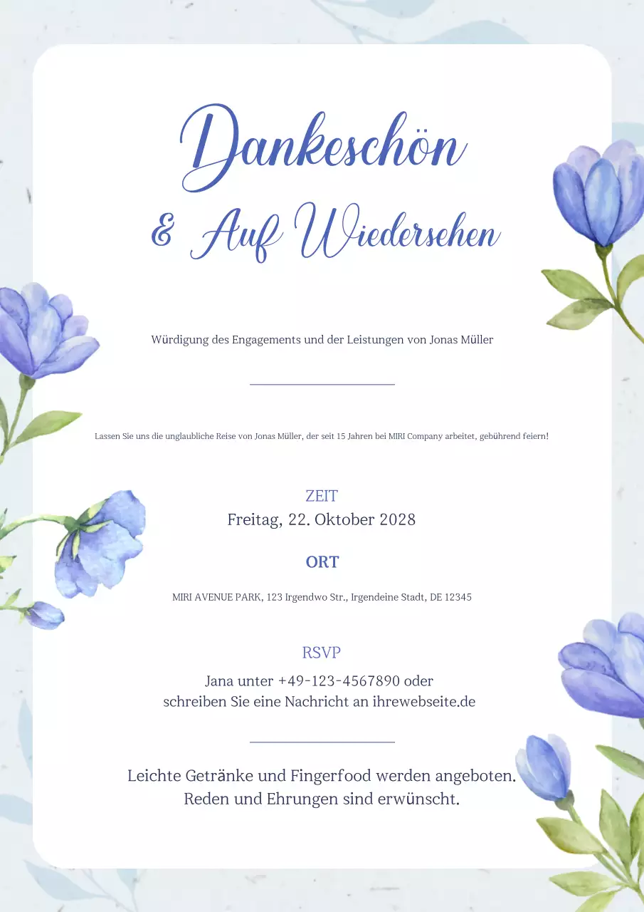 Hellblaue blumige Einladung zur Abschiedsfeier