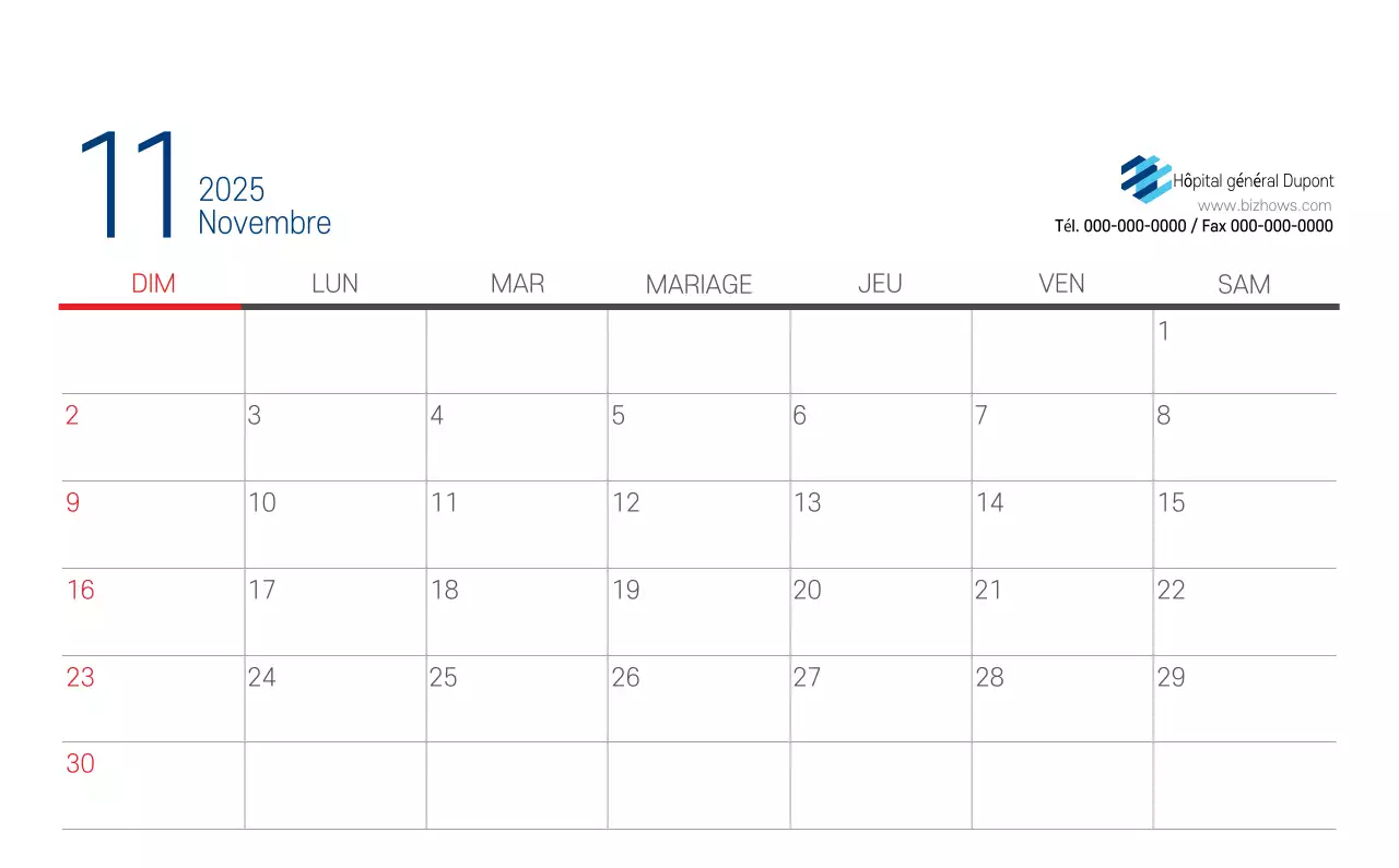 Calendrier promotionnel d'hôpital simple blanc marine