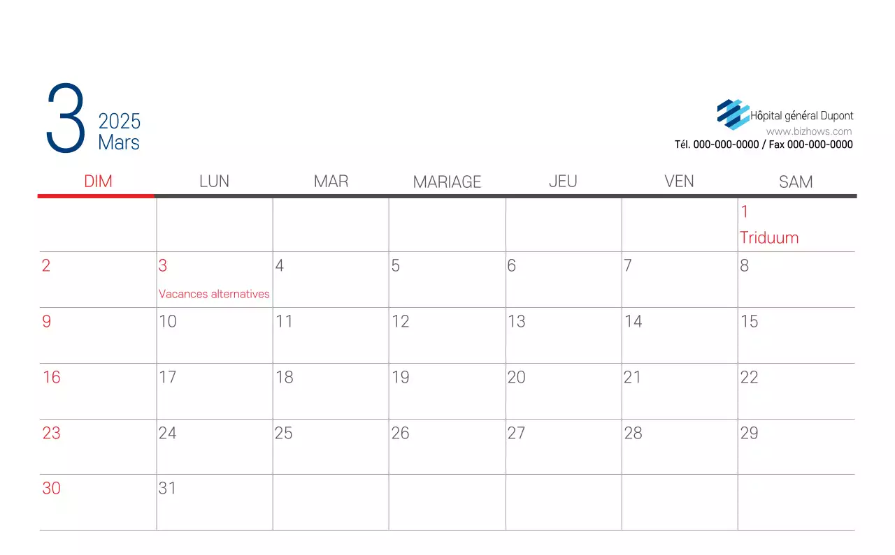 Calendrier promotionnel d'hôpital simple blanc marine