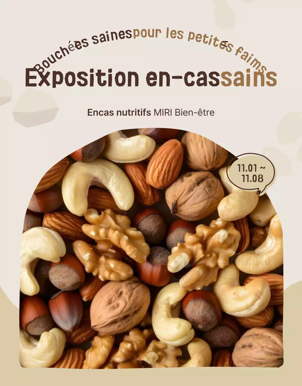 Promouvoir une exposition de snacks sains de couleur beige et marron