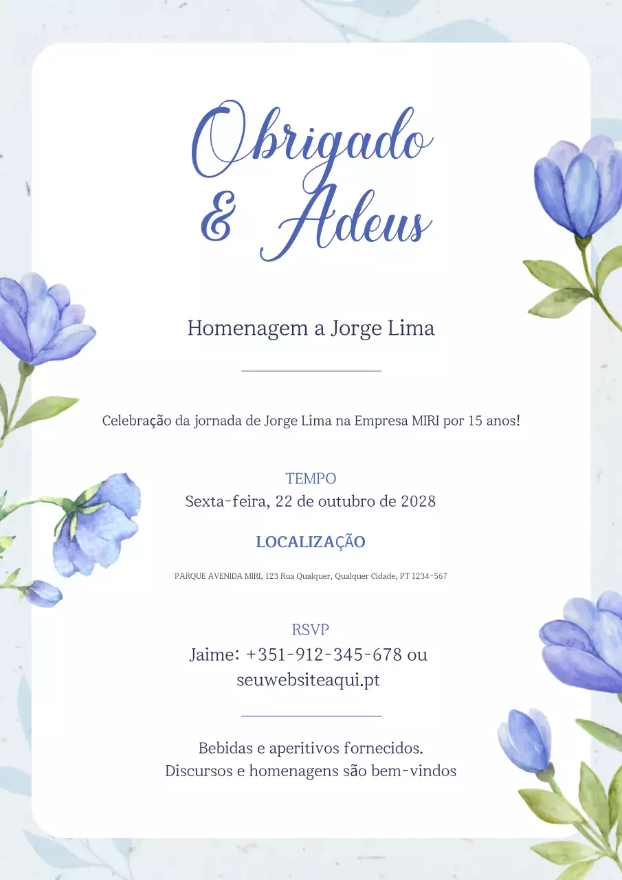 Convite de despedida floral azul claro
