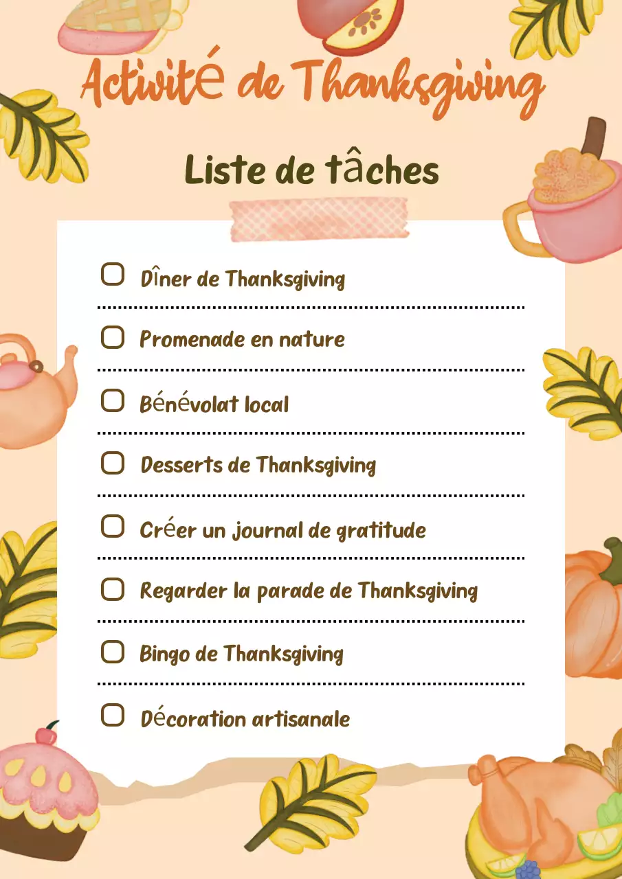 Liste de contrôle de la traditionnelle Thanksgiving Orange