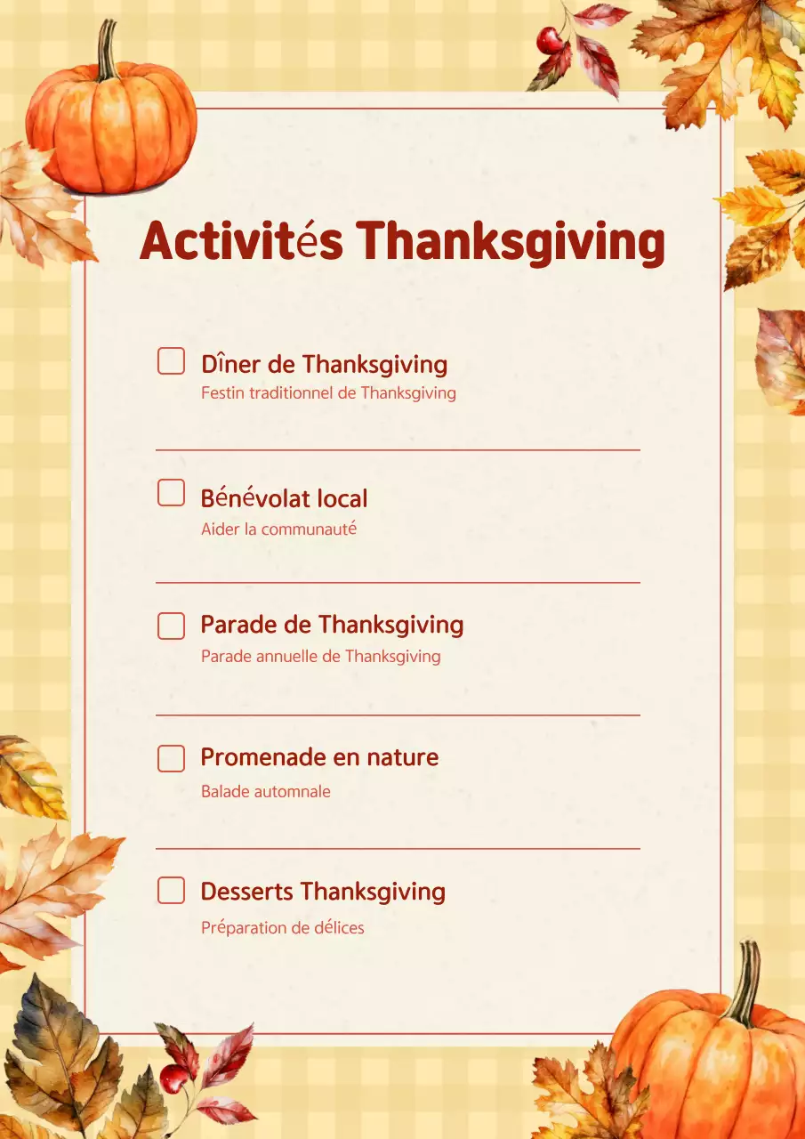 poster rustique orange pour l'activité de Thanksgiving liste de contrôle pour les vacances