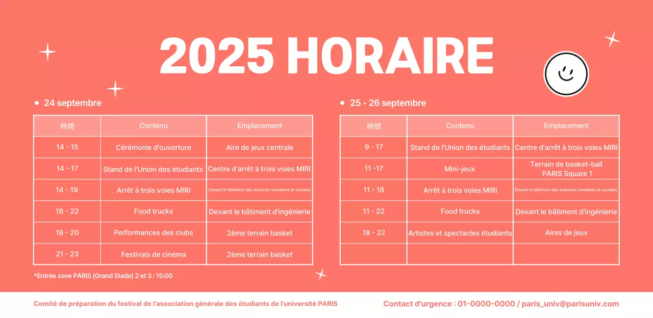 Placard promotionnel de l'horaire du festival universitaire Orange Pop