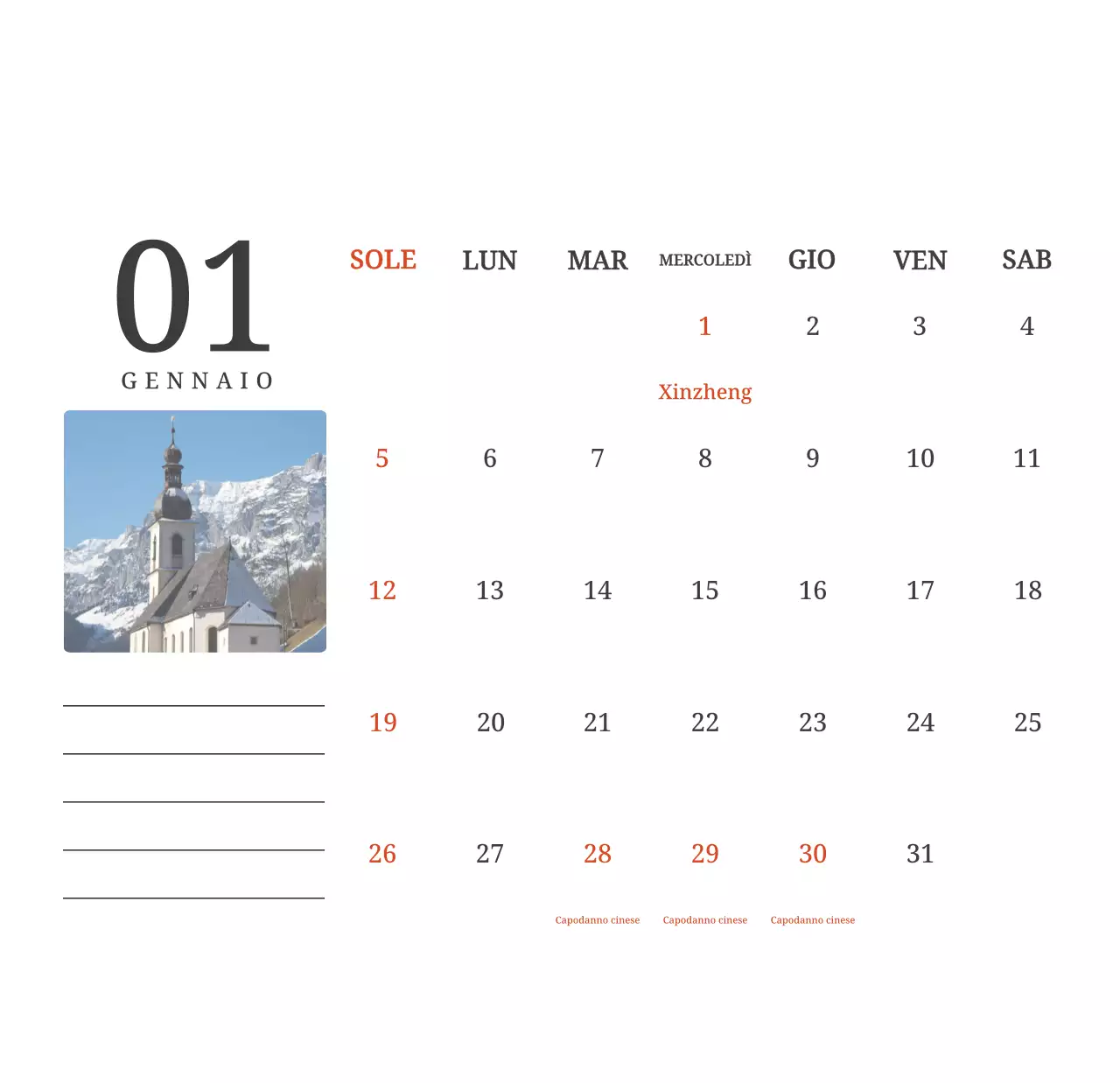 Un calendario fotografico con chiese in dipinti di paesaggio