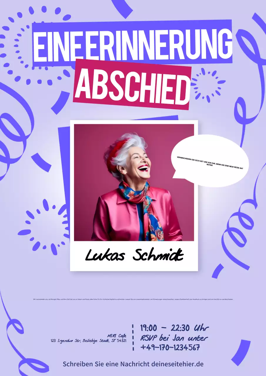 Lila moderne denkwürdige Abschiedseinladung