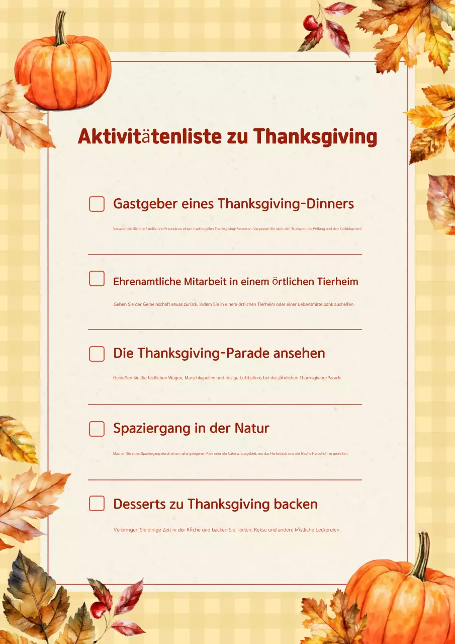 orange rustikale Danksagung Aktivität Urlaub Checkliste Poster