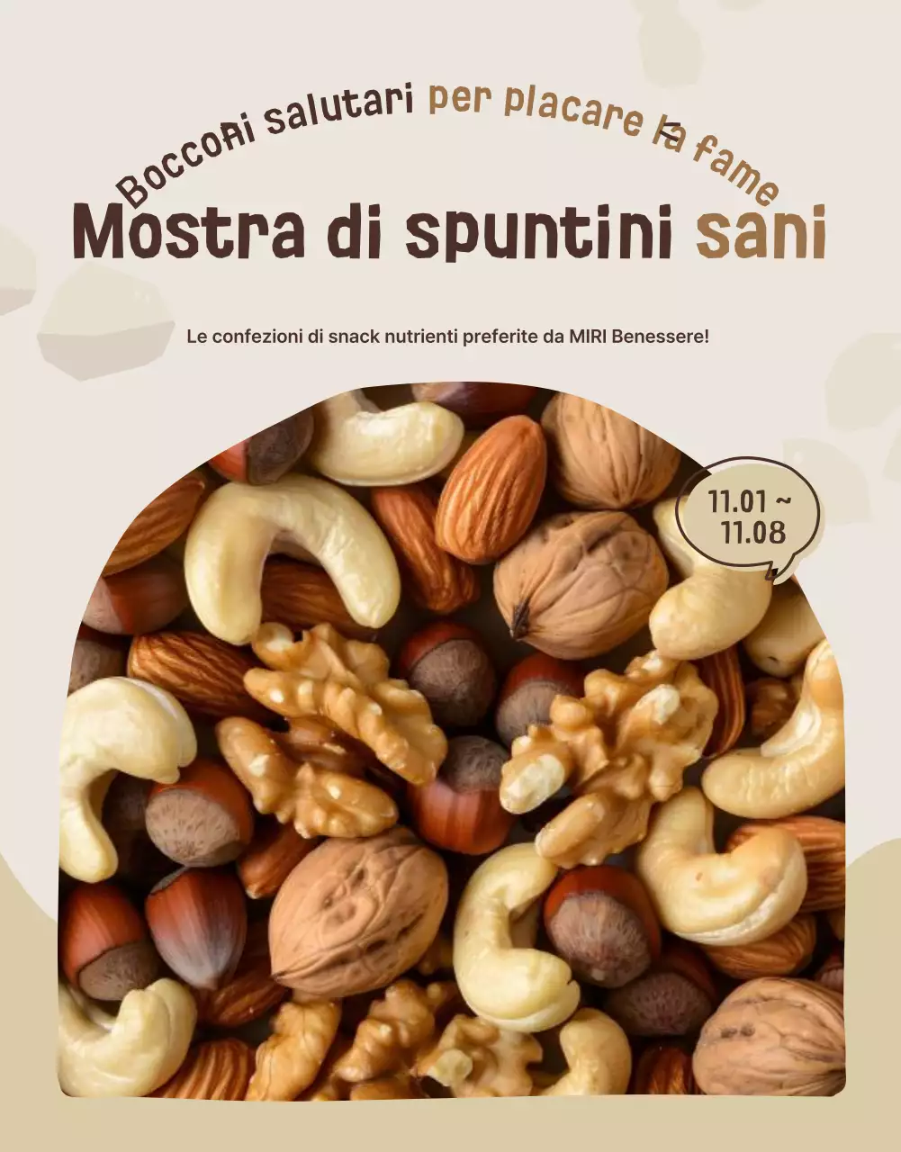 Promuovere un'esposizione di snack sani di colore beige e marrone