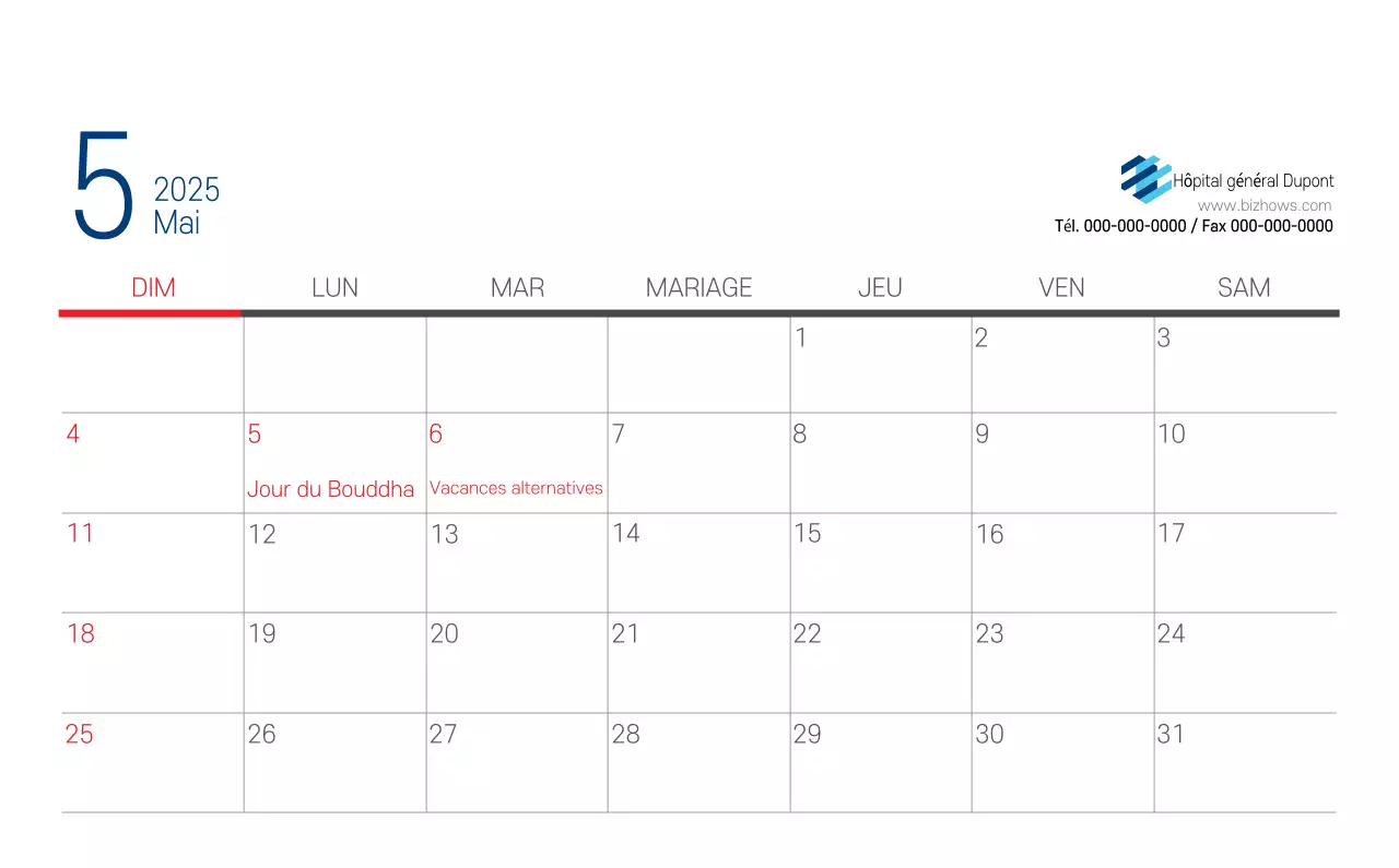 Calendrier promotionnel d'hôpital simple blanc marine