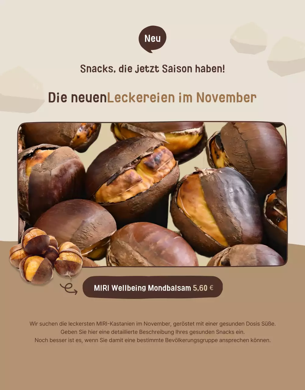 Förderung einer Ausstellung für gesunde Snacks in Beige und Braun