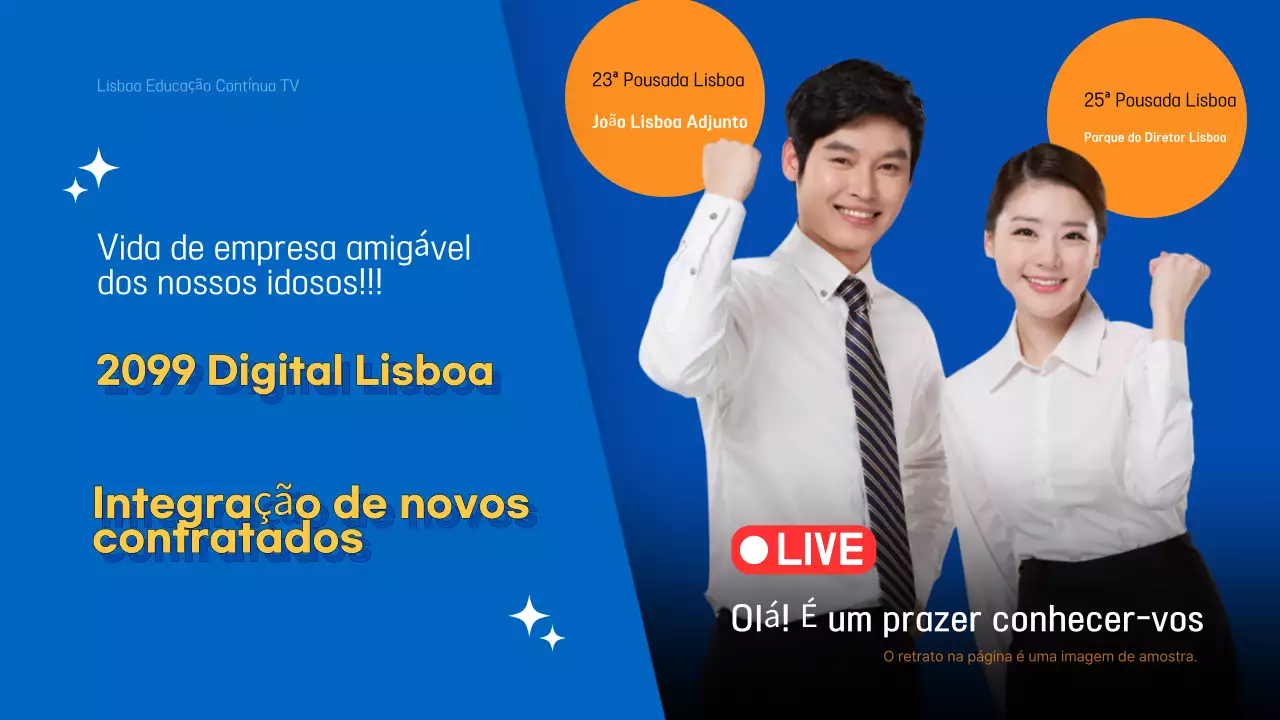Materiais de integração modernos em azul e laranja para os novos contratados