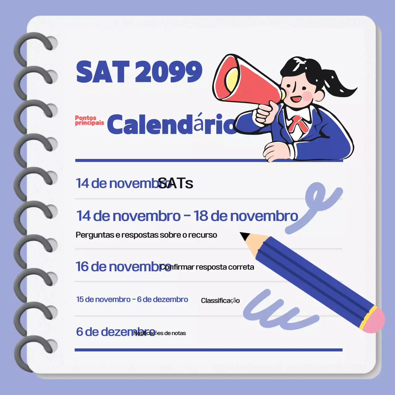 Datas-chave SAT simples em lilás e vermelho