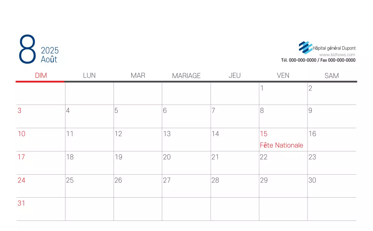 Calendrier promotionnel d'hôpital simple blanc marine