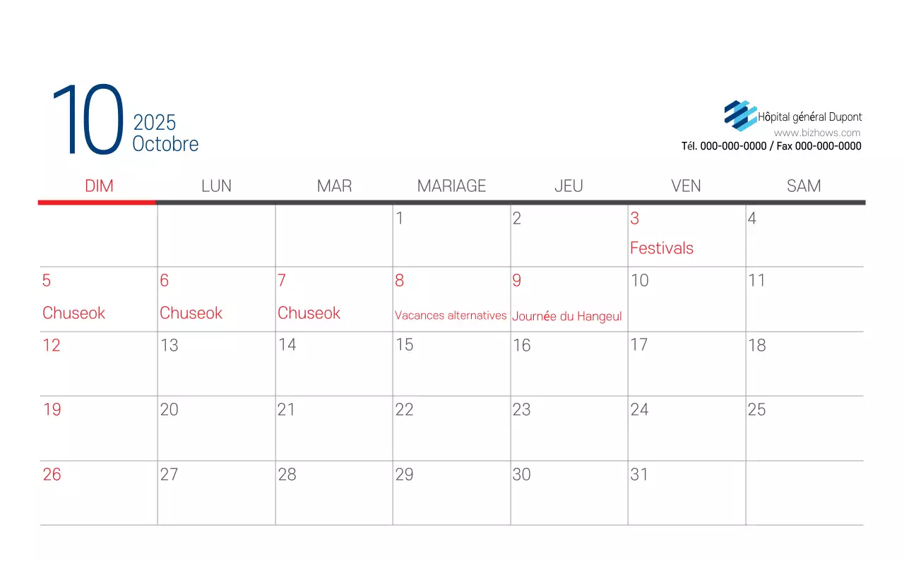 Calendrier promotionnel d'hôpital simple blanc marine