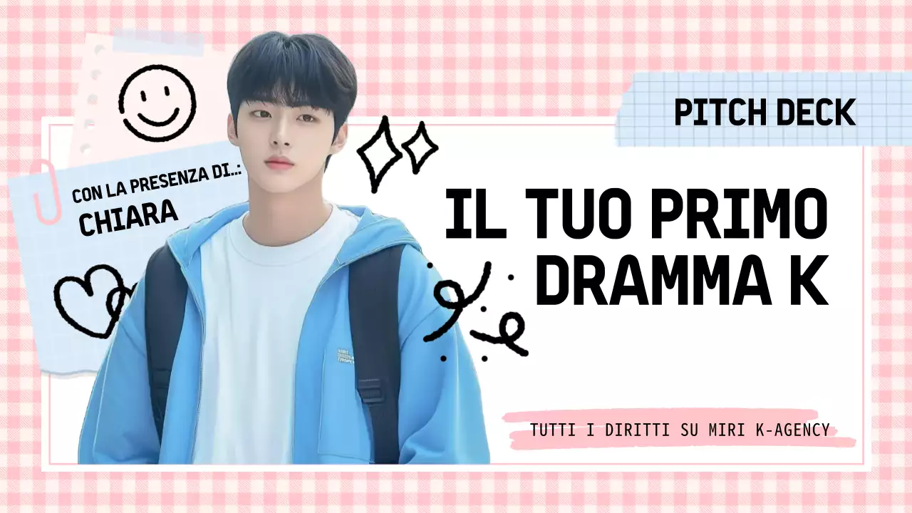 Presentazione del dramma K con scarabocchi rosa e blu pastello