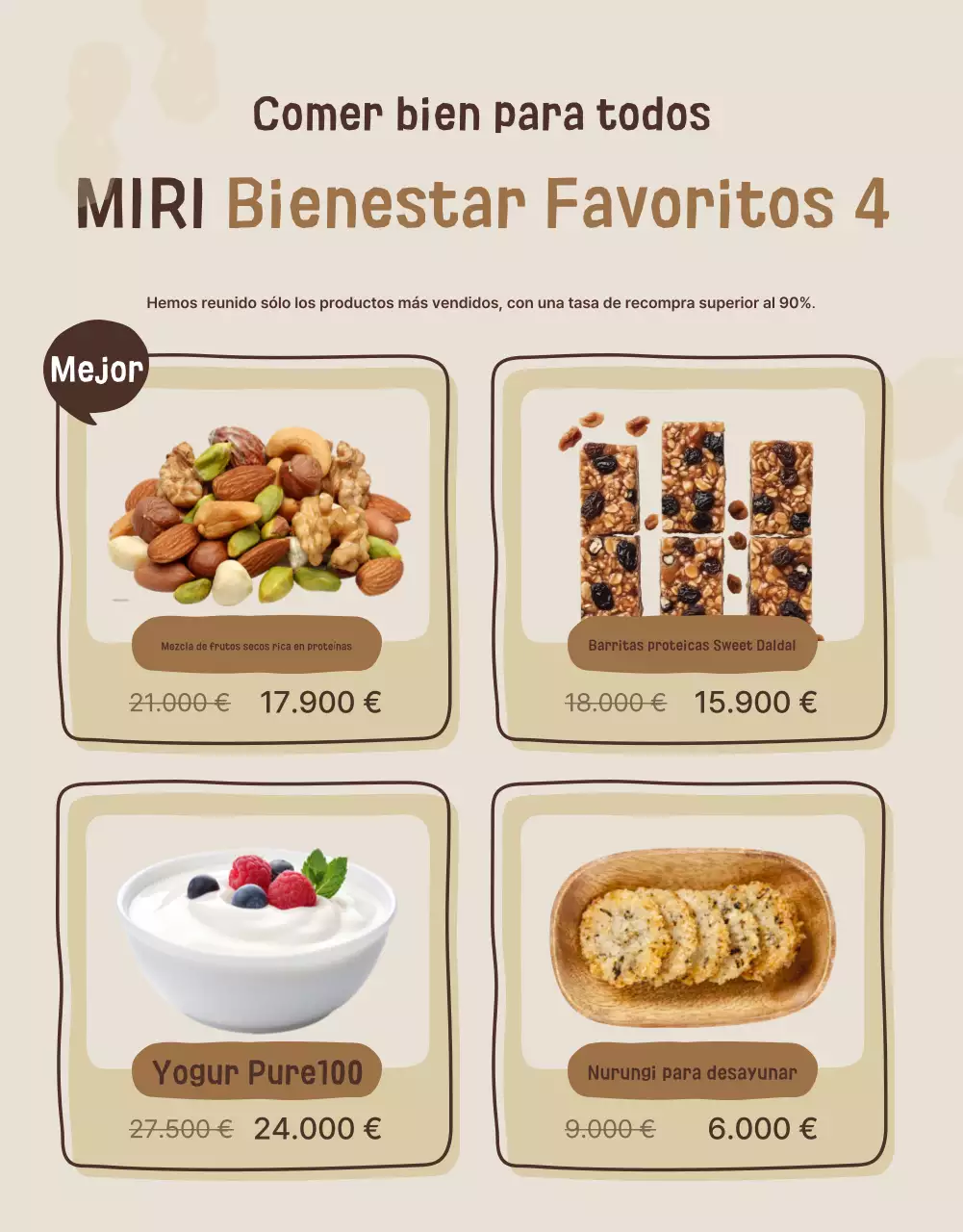 Promover una exposición de aperitivos saludables de color beige y marrón