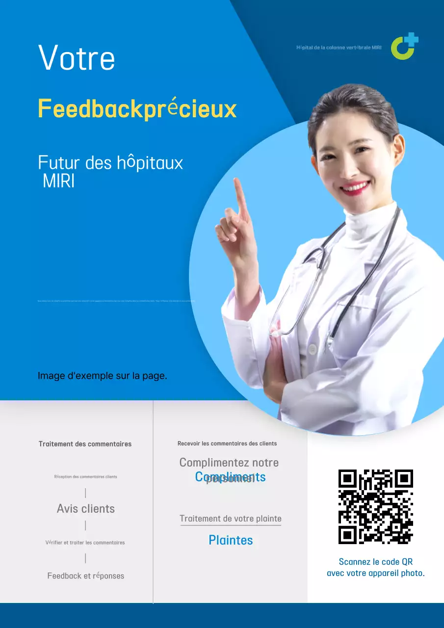 Promouvoir la voix du client à l'accueil d'un hôpital moderne en bleu et blanc