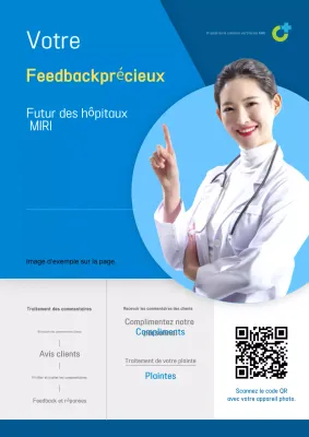 Promouvoir la voix du client à l'accueil d'un hôpital moderne en bleu et blanc