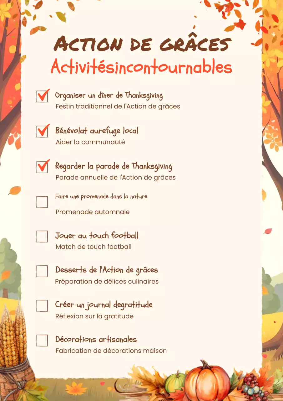 liste d'activités pour Thanksgiving en orange chaude