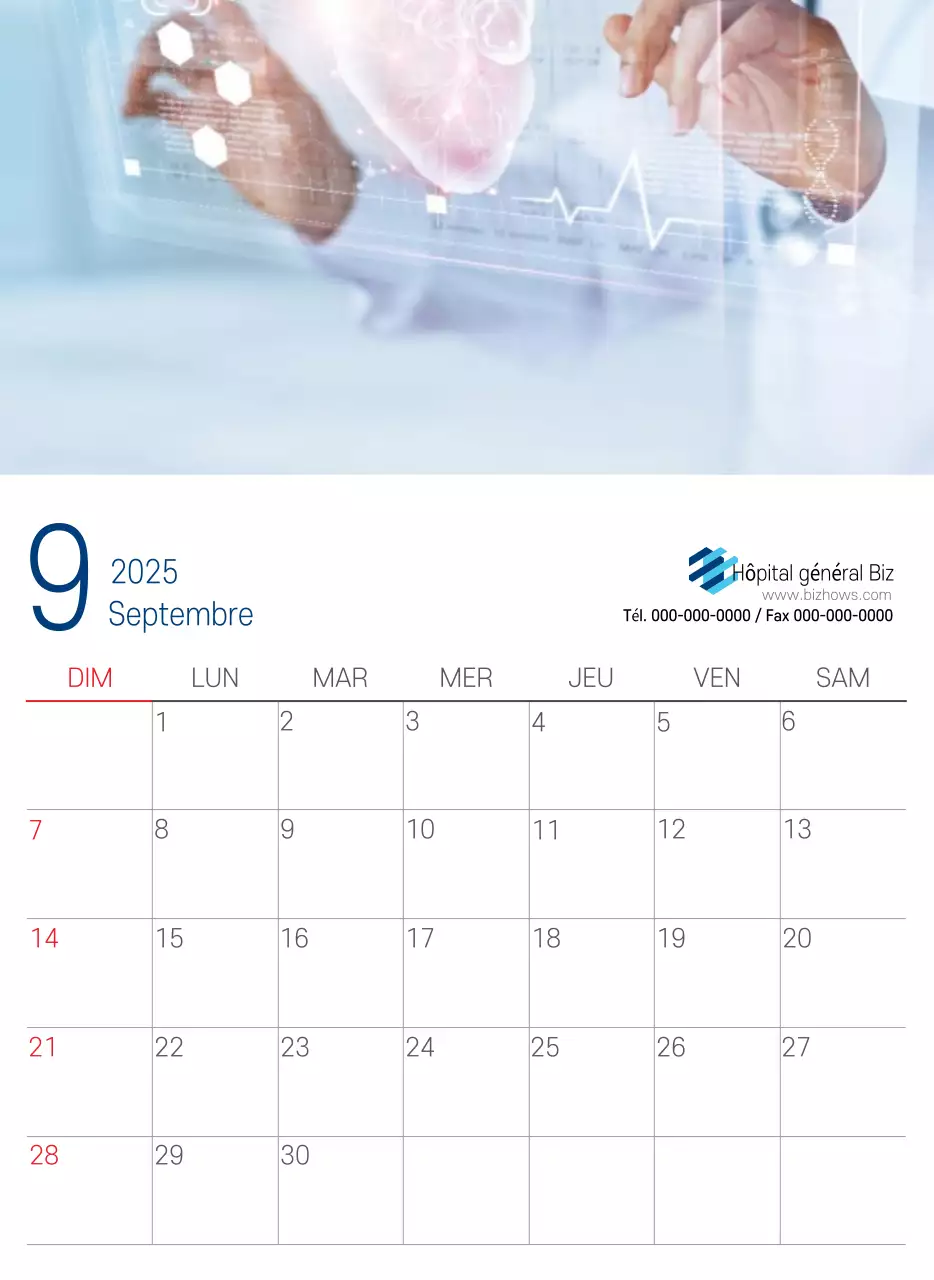 Calendrier promotionnel d'hôpital simple blanc marine