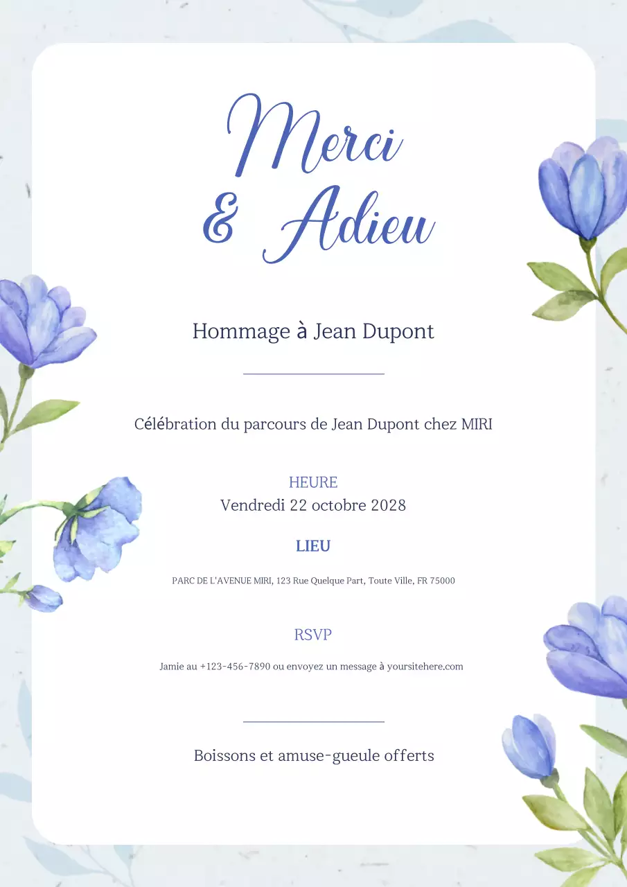 Invitation à un pot de départ floral bleu clair