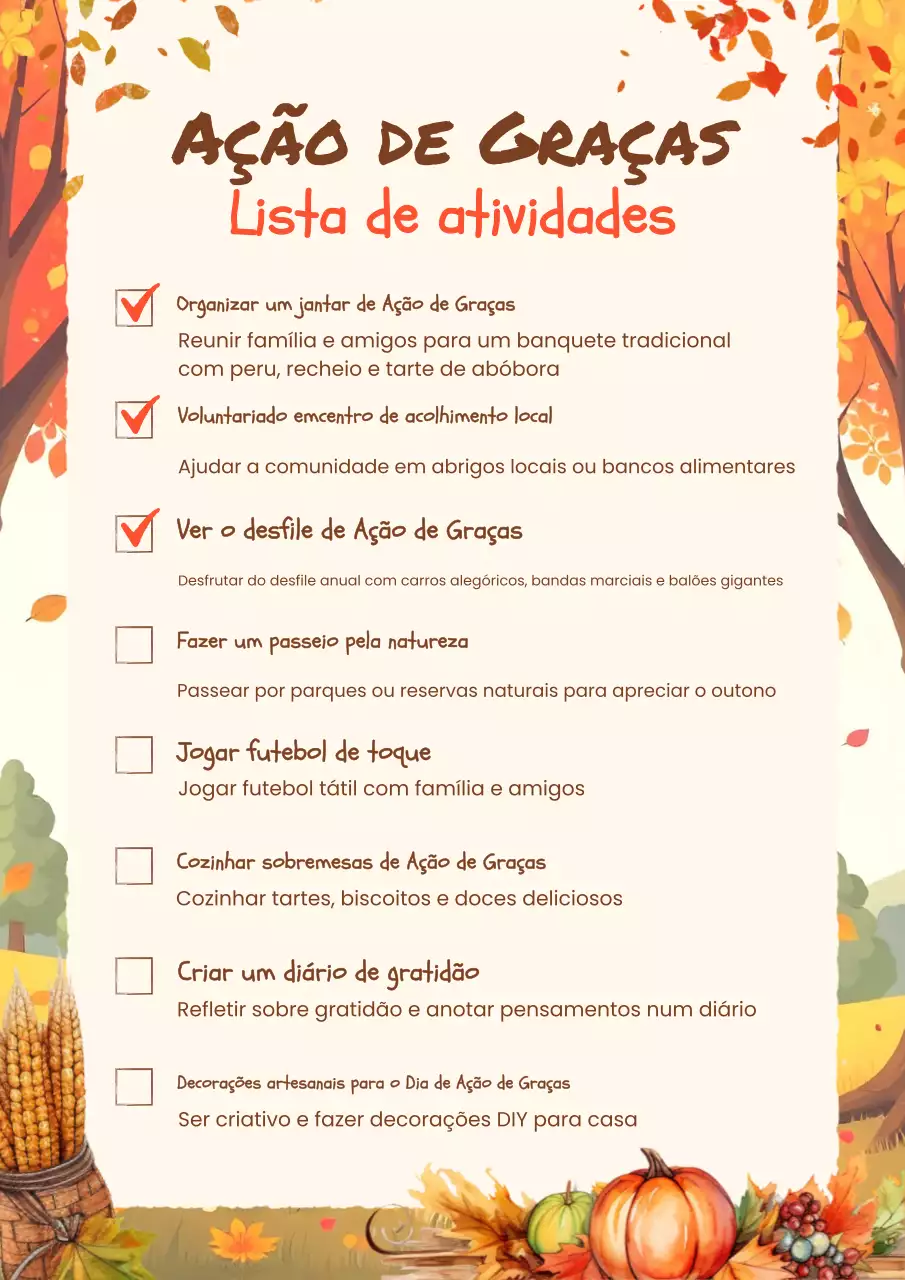lista de actividades do dia de ação de graças em laranja quente