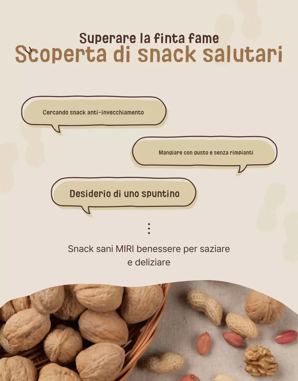 Promuovere un'esposizione di snack sani di colore beige e marrone