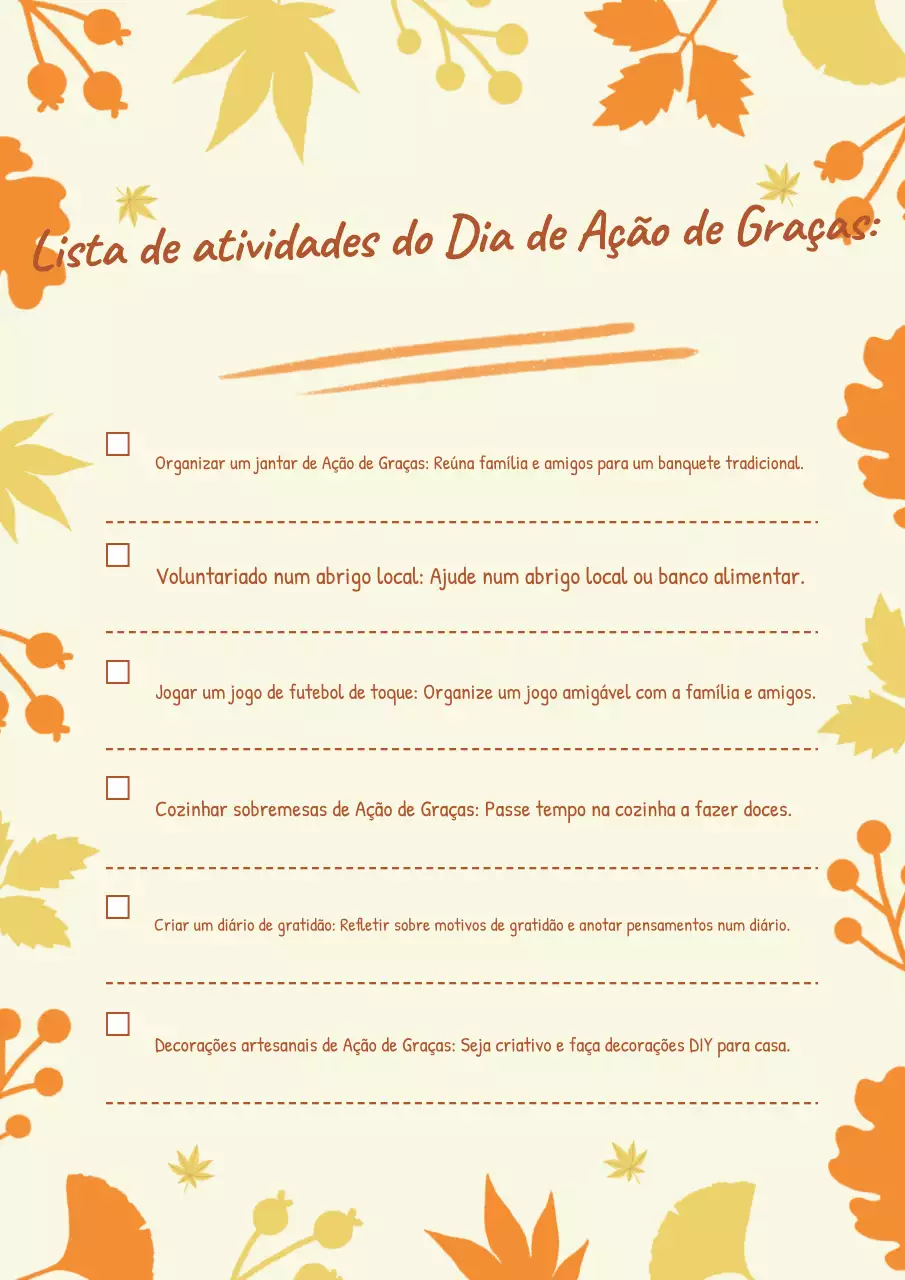 lista de actividades tradicionais laranja do Dia de Ação de Graças