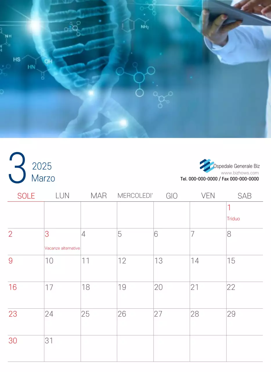 Calendario promozionale dell'ospedale semplice, bianco e blu